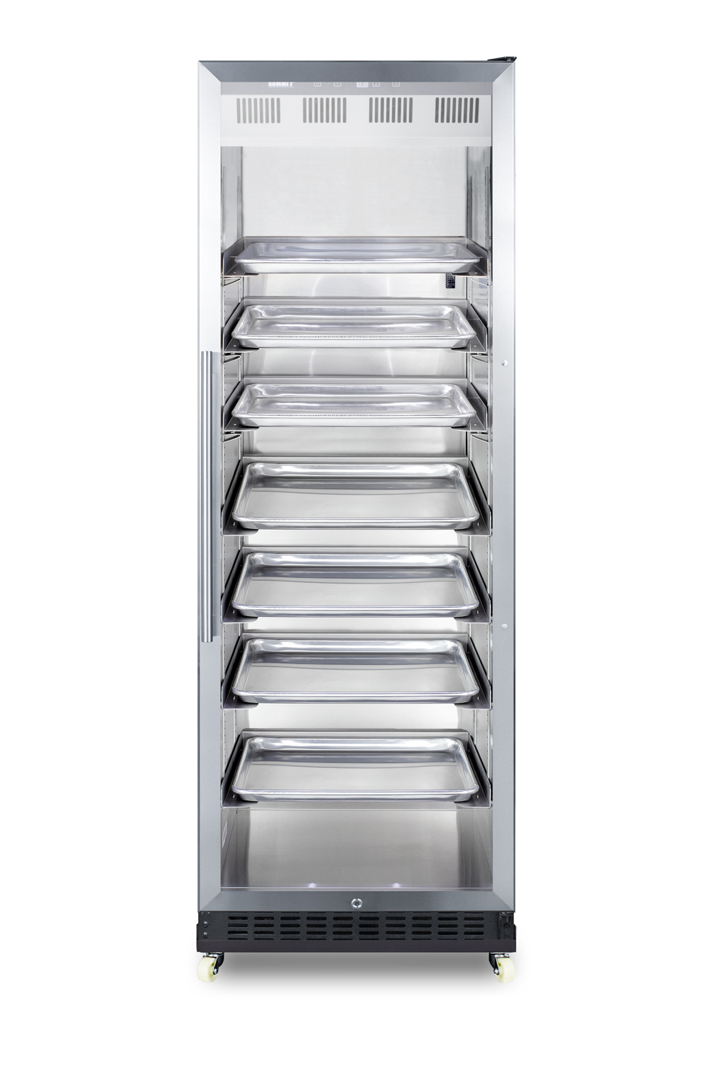 Full-size commercial beverage merchandiser designed for the display and refrigeration of beverages and sealed food, with stainless steel interior, self-closing glass door, sheet pans and adjustable tray supports, chrome shelves, stainless steel cabinet, and removable dolly